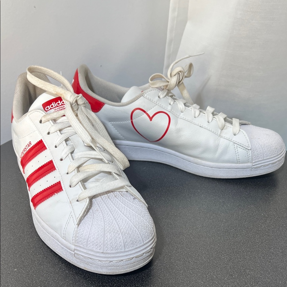 Adidas White and Red Sneakers with Heart Design